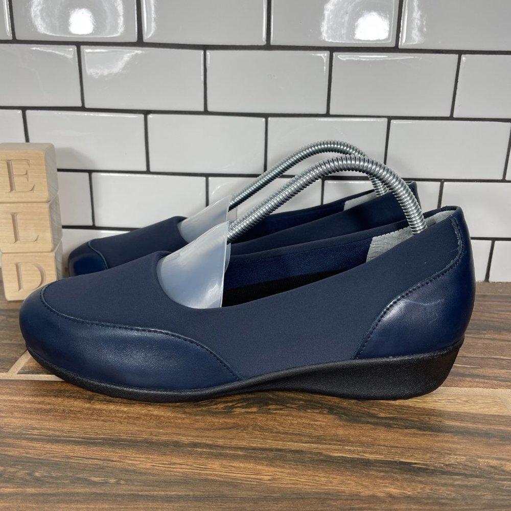 Drew London Shoes Womens Size 9.5 Blue Leather Stretch Fabric Orthopedic Slip On